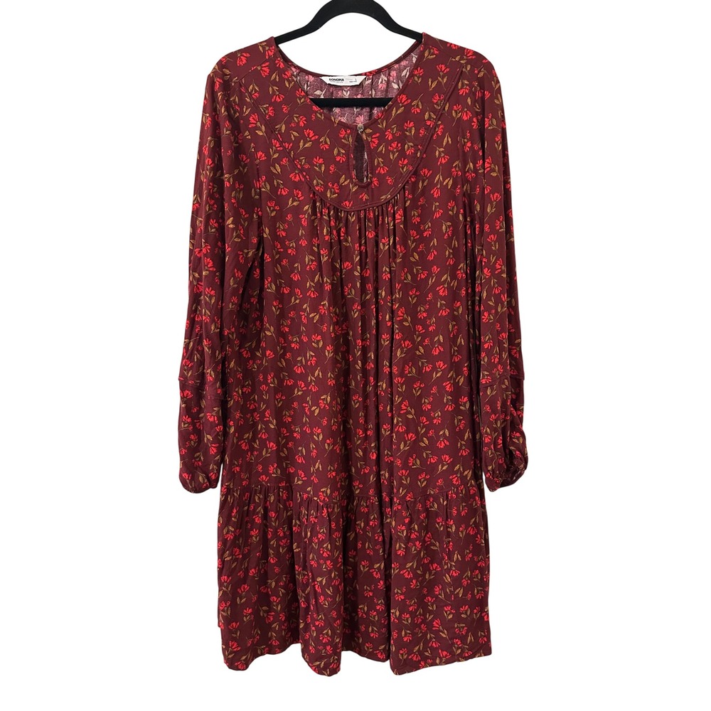 Sonoma Goods For Life Womens L Red Floral Long Sleeve Dress Cottage Peasant